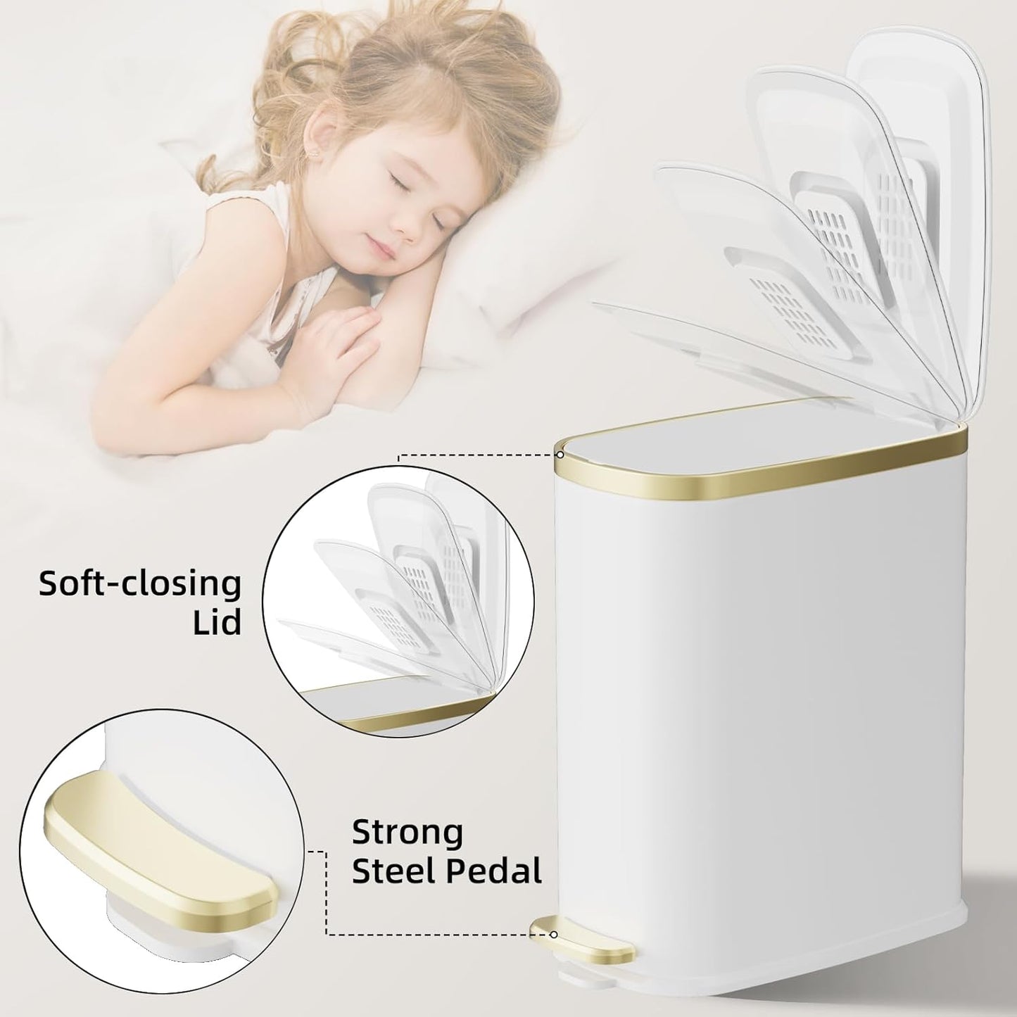 KUK Small Bathroom Trash Can with Lid Soft Close, Step Pedal, 2.4 Gal Stainless Steel Garbage Can with Removable Inner Bucket, Anti-Fingerprint Wastebasket for Office, Bedroom, Toilet (White)