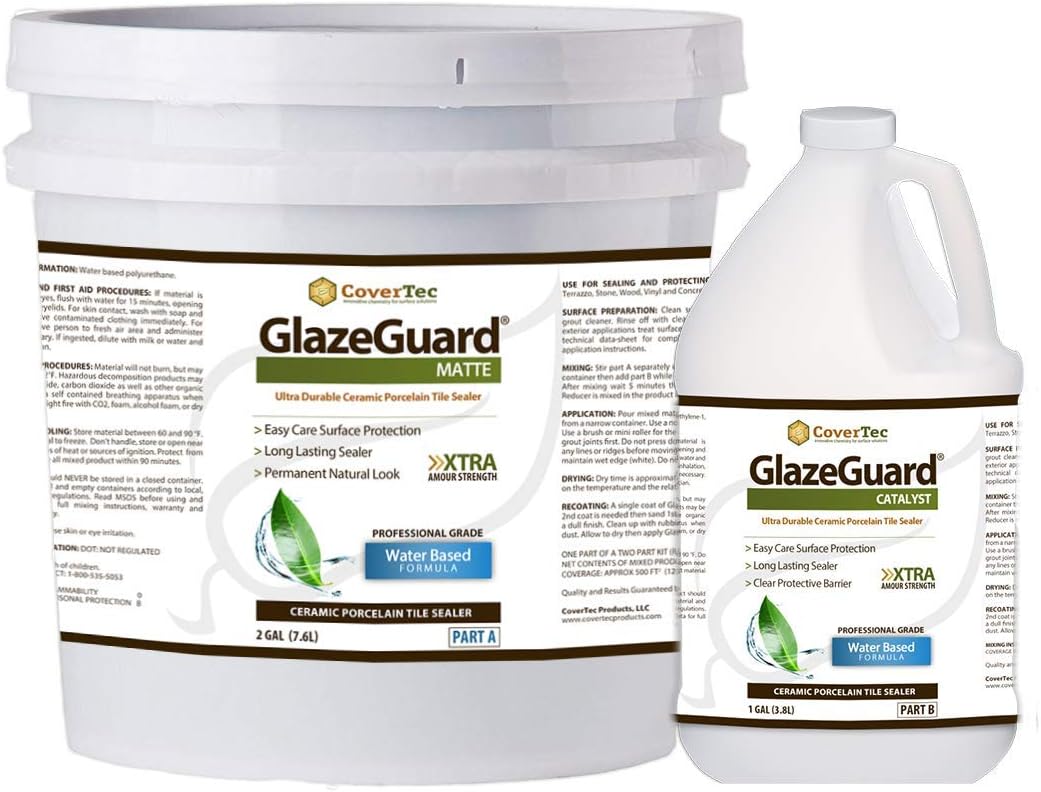 GlazeGuard Matte Floor Sealer Wall Sealer for Ceramic, Porcelain, Stone Tile Surfaces (3 Gal - Prof Grade (2) Part Kit)