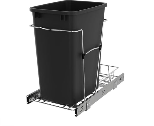 Rev-A-Shelf RV-12KD-18C S 35-Quart Chrome Wire Bottom Mount Pullout Kitchen Waste Trash Can Container Bin with Rear Storage, Black