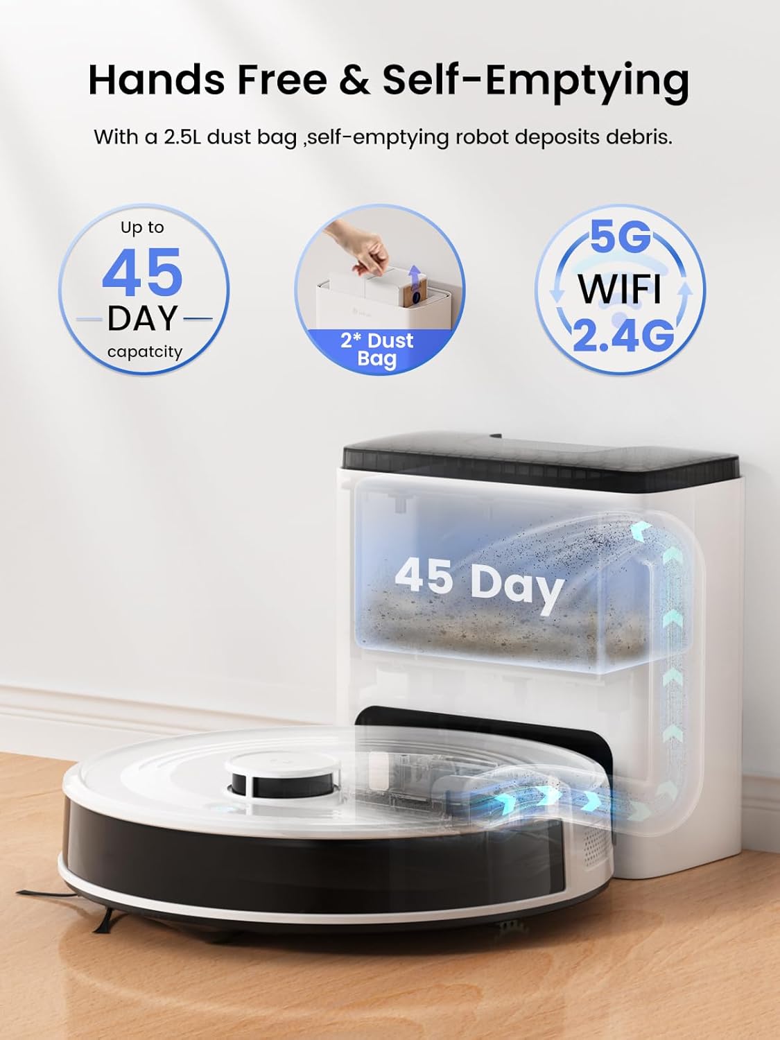 Lefant LiDAR Robot Vacuum and Mop,45-Day Self-Emptying,6000Pa Powerful Suction,Customized Cleaning,Home Mapping,140 Min Runtime,Roller Brush for Carpet,2.4G/5G WiFi/Alexa/APP/iWatch,M2 Plus