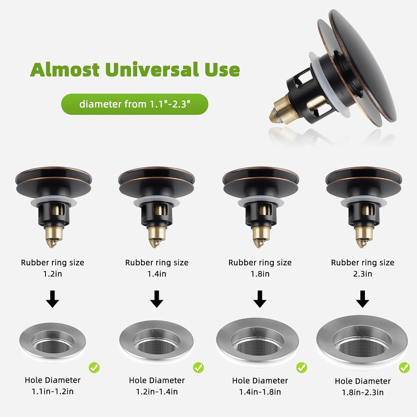 Universal Bathroom Sink Drain Strainer Hair Catcher Upgraded with Removable Stainless Steel Filter Basket, 2 in 1 Pop Up Sink Stopper for 1.1''~2.36'' Sink Basin Hole, Big Cover Cap, Oil Rubbed Bronze