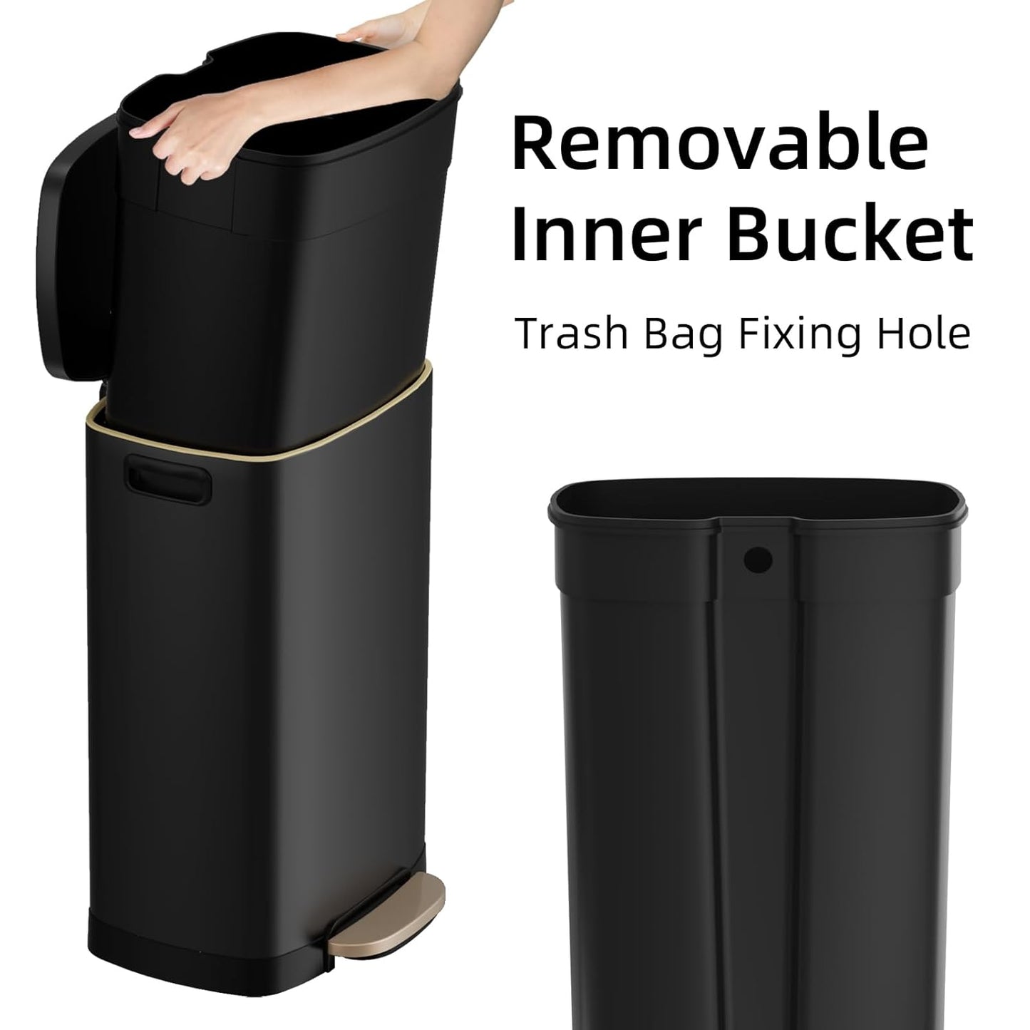 KUK 13 Gallon Kitchen Trash Can with Lid, 50L/13Gal Office Step Garbage Can for Home, Kitchen, Laundry Room, Office, Brushed Stainless Steel, Black