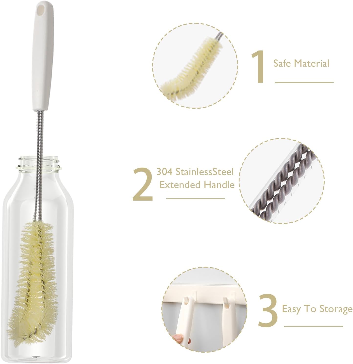 2-Pack 16 inches Long Handle Bottle Cleaning Brushes - Ideal for Coffee Glasses, Pots, Milk Cups, Mugs, Wine Bottles, and Baby Bottles (Beige)