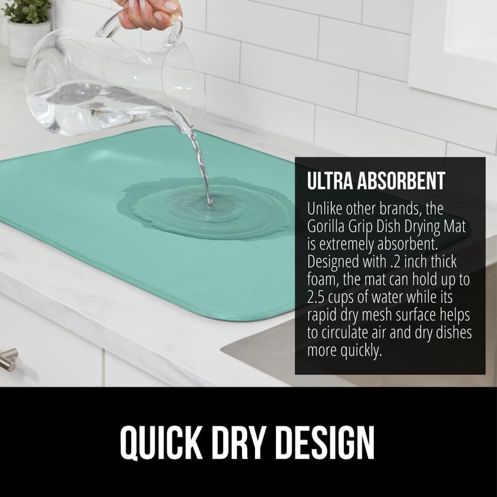 GORILLA GRIP Ultra Water Absorbent Microfiber Dish Drying Mat, Quick Dry Thick Mesh, Slip Resistant Pad for Sink Dishes or Under Rack, Kitchen Counter Accessories, 16x18, Machine Wash, 2 Pack Mint