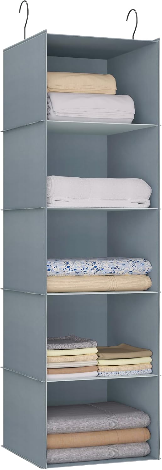 Hanging Closet Organizer 5-Shelf, Easy Mount Foldable Wardrobe Storage Shelves, Clothes Handbag Shoes Accessories, Washable Oxford Cloth Fabric, Gray