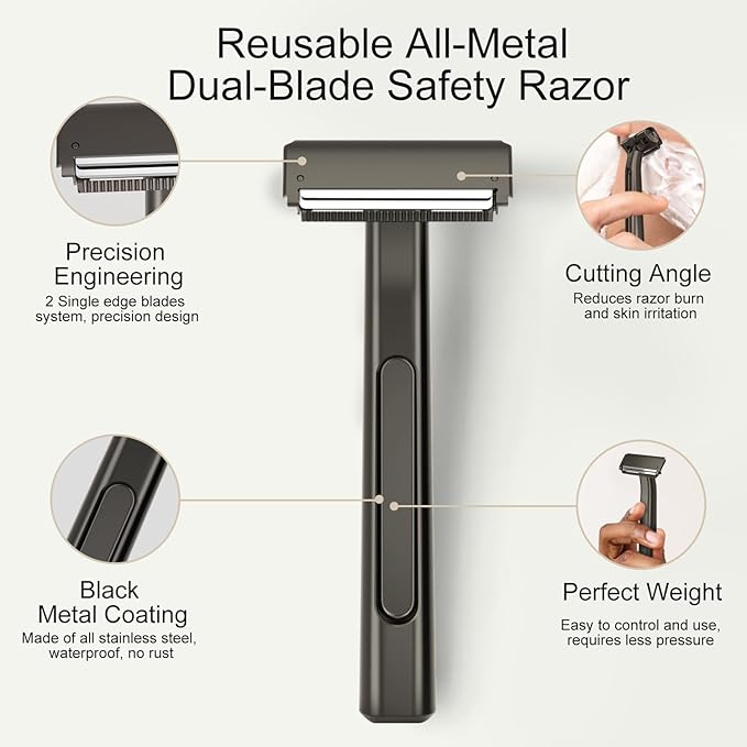 Razors for Men - Dual-Blade Safety Razor with Pivoting Head - Reusable Metal Shaving Razor, with 10 Double Edge Blades, Smooth Close Shave, Matte Black