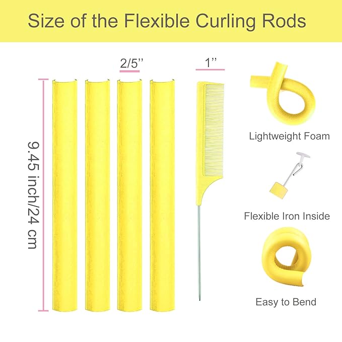 38 PCS Flexible Curling Rods, 9.45" Soft Rollers for Long Hair Curls, Heatless Overnight Bendy Flexi-Rods & 2 Steel Pintail Combs