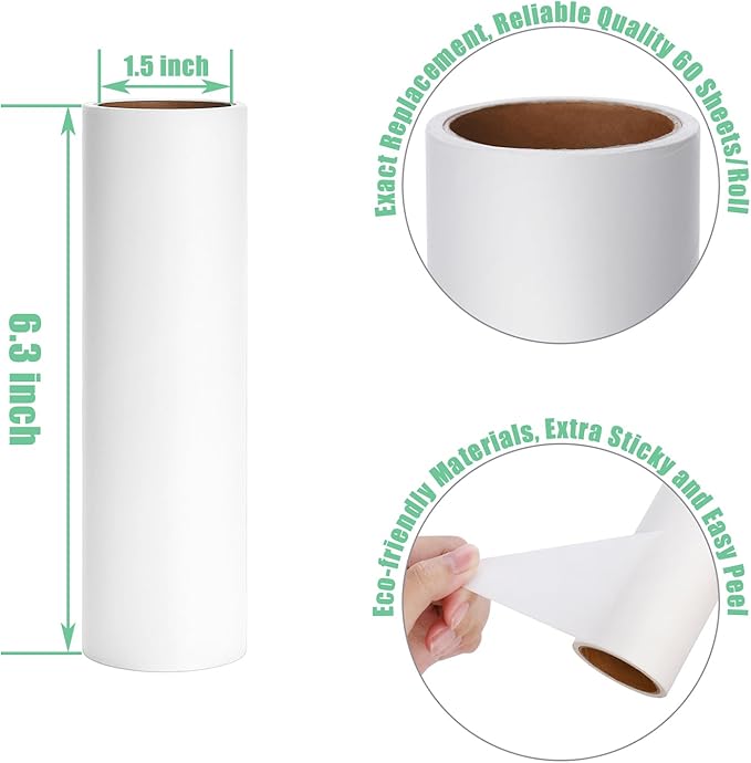 6.3 inch Lint Roller Refills Only, Extra Sticky Lint Remover Refills for Pet Hair Sticky Roller Refill Adhesive Tape Easy Peel 60 Sheets per Roll, Pack of 5, Total 300 Sheets (6.3'' Wide)