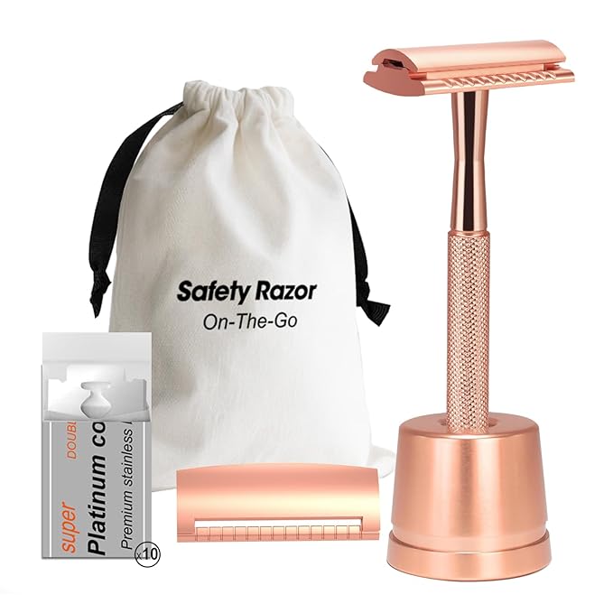Safety Razor with Stand - Single Blade Razors for Women and Men - Reusable Metal Razor, with 10 Double Edge Blades, Smooth Close Shave, Plastic Free, Rose Gold