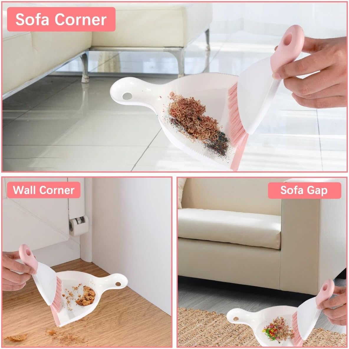 Dust Pan Broom Brush Dustpan - Dustpan and Brush Set, Mini Dust Pans with Brushes, Handheld Broom Cleaning for Tables, Keyboards, Guinea Pig Cage, and Cat Litter, etc.(Pink