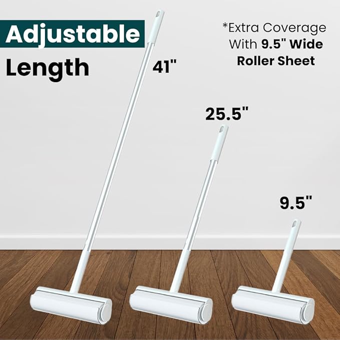 Large Lint Roller with Extra Sticky Roller and 420 Sheets 9.5" Wide, Floor Lint Roller Long Handle, Extendable to 41", Carpet, Couch, Pet Hair, Clothing Cleaning Supplies (White Roller + 7 Refills)