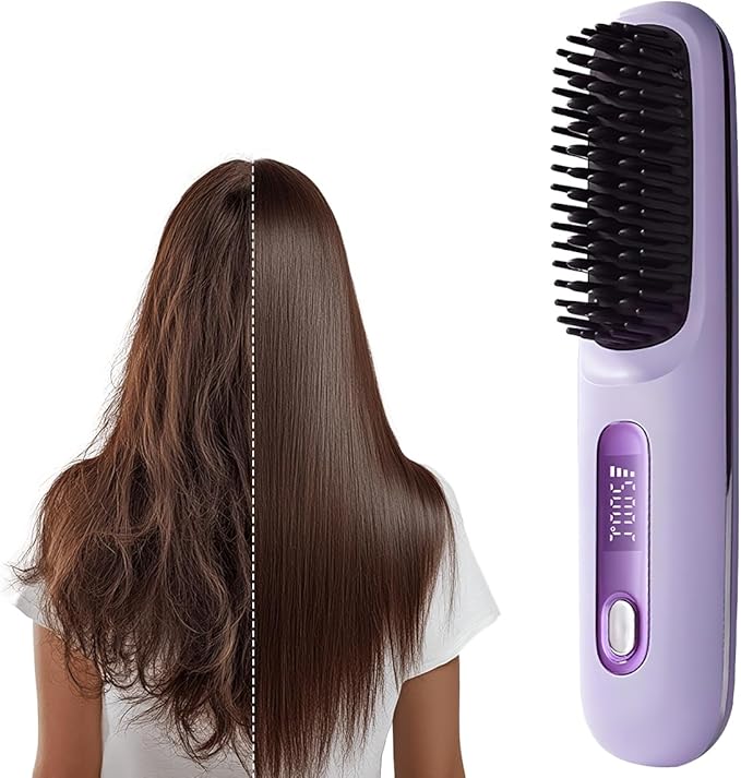 Go Brush Pro, 2025 New Go Brush Pro, Portable Straightener Brushs for Travel, with LCD Temperature Display, Fast Heating Cordless Mini Hair Brushs (Purple)