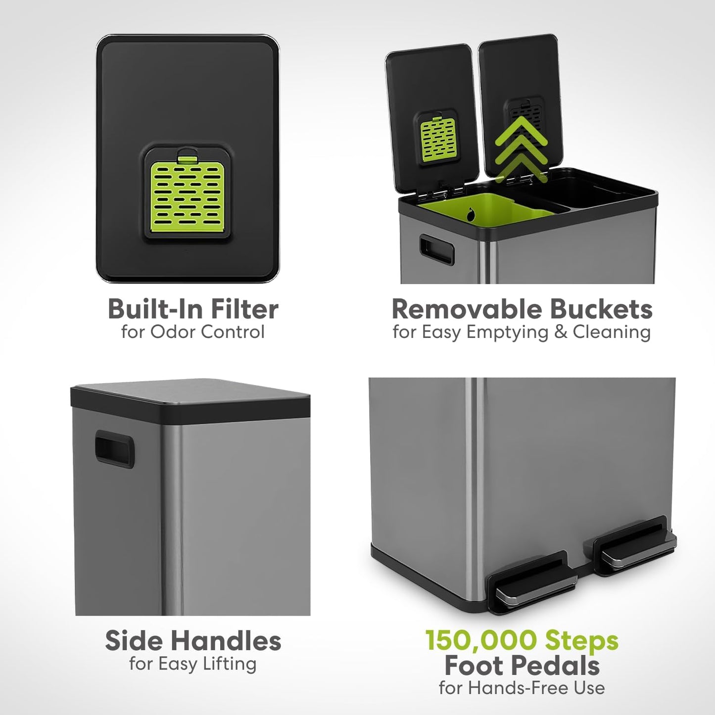 SIMPLI-MAGIC 16 Gallon (60L) Elegant Black Step Trash Can – Dual Compartment Kitchen Garbage Can with Waste & Recycling Bins – Slow-Close Lid, Odor Control, Hands-Free, Premium Stainless Steel