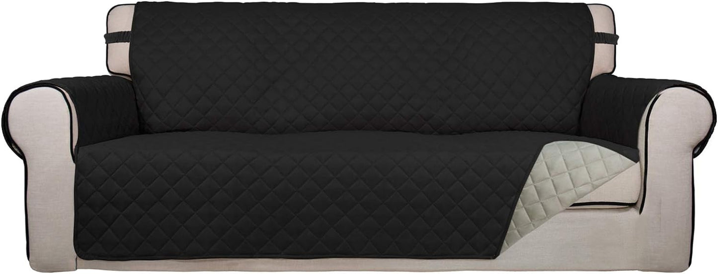 PureFit Reversible Quilted Sofa Cover, Water Resistant Slipcover Furniture Protector, Washable Couch Cover with Non Slip and Elastic Straps for Kids, Dogs, Pets (Oversized Sofa, Black/Beige)