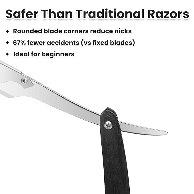 Straight Razors For Men - Black Wooden Handle - Professional Barber Grade with 10 Straight Edge Blades - Stainless Steel shavette - straight razor kit & beard trimmer - For Men Gift & Groom