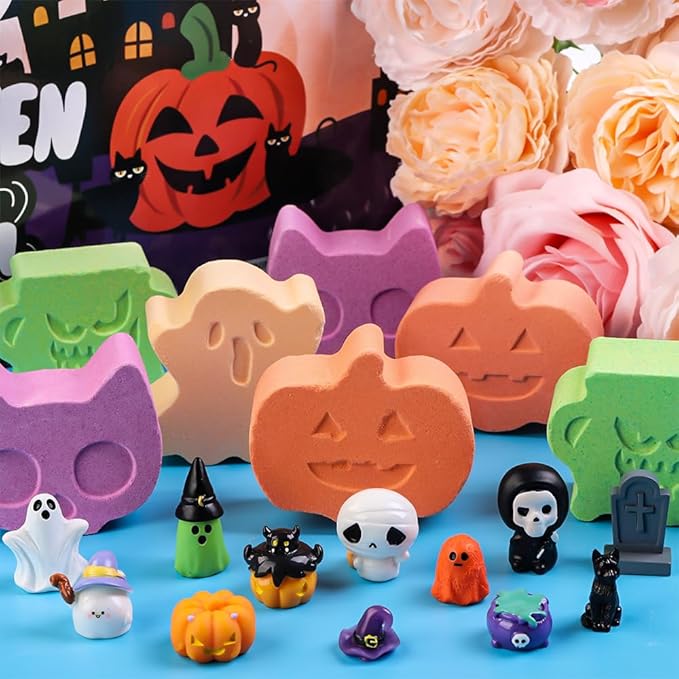 12Pcs Halloween Bath Bombs with Surprise Toys Inside, Trick or Treat Present Set Ghost Shape Organic Natural Bubble Bath Fizzy for Kids Boys Girls