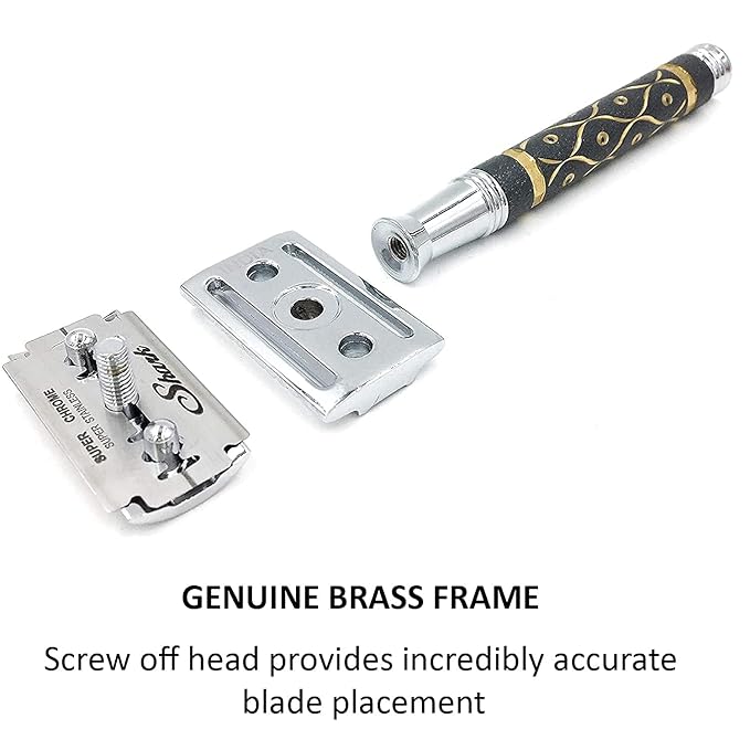 Parker 65R Super Heavyweight Double‑Edge Safety Razor – Sandstone‑Textured Brass Handle for Precise Grip & Control, 4" Long Handle – Includes 5 Premium DE Blades