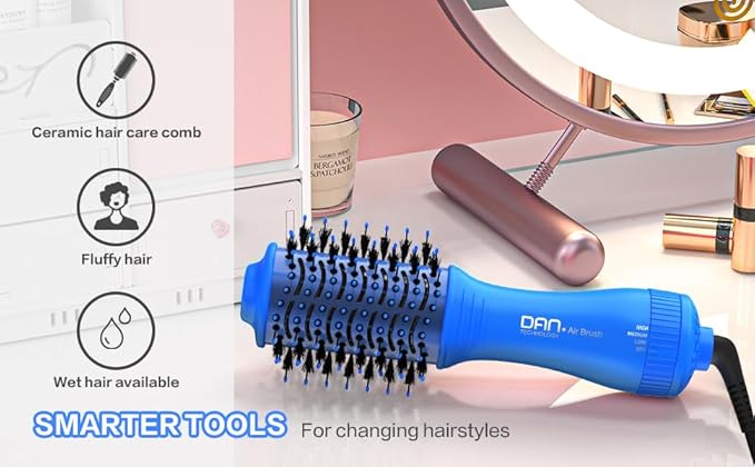 Dan Technology Blow Dryer Brush Hair Dryer Brush Hot Air Blowout Brush 120V 3 Speeds Oval Shape Volumizer Straightener Brush Faster Drying Mini Size Lightweight (Blue)
