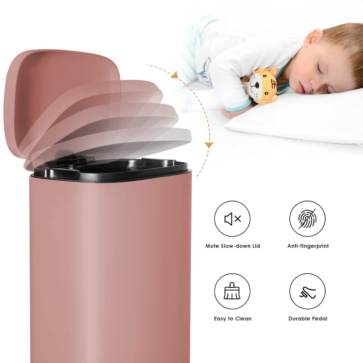 AthLike Trash Can, Stainless Steel Kitchen Garbage Can, Step Waste Bin with Hinged Lid and Removable Inner Bucket, Soft-Close, Dustbin for Bathroom Bedroom Living Room Home (Pink, 13.2 Gal)