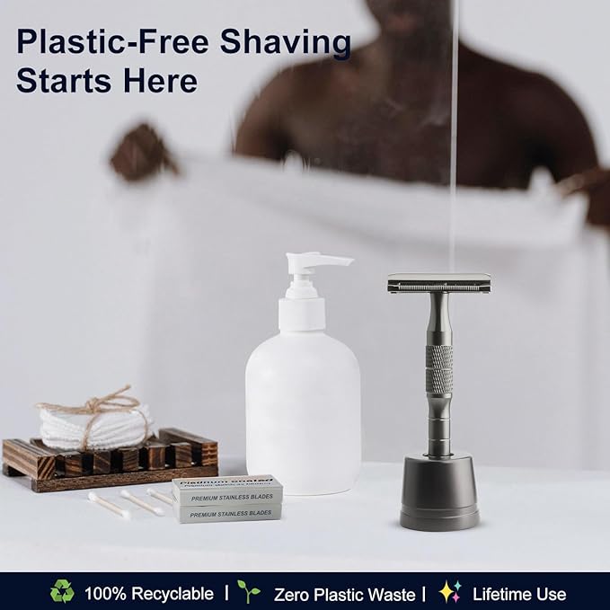 Gun Black Double Edge Safety Razor with Stand, Single Blade Razors for Men and Women, with 10 Safety Razor Blades, Smooth & Close Shave, Plastic Free