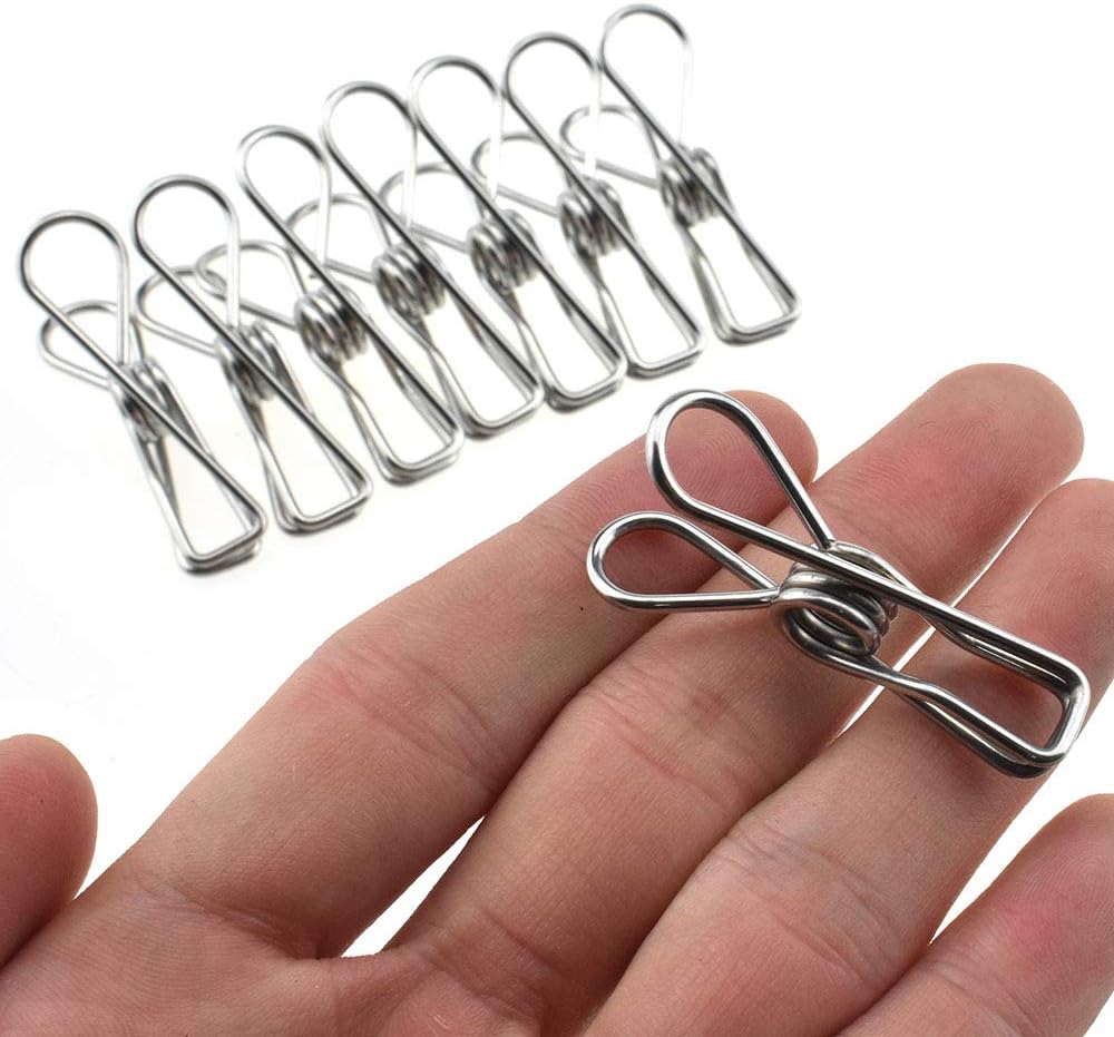 HAHIYO Clothespins Chip Clips All Metal Stainless Steel No Rust Stains Strong Grip in Heavy Wind 1.7 Inches 30 Pack Small Do Not Fall Apart Open Wide for Holding Clothes Snack Bag Clamps