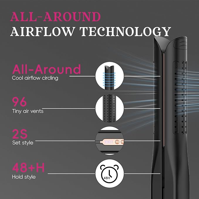 SKIMI Airflow Styler, Titanium Flat Iron Hair Straightener, Professional Curling Iron with Cooling Air Vents to Lock in Style, 5 Temps & Dual Voltage, Auto Off(Black & Champagne).