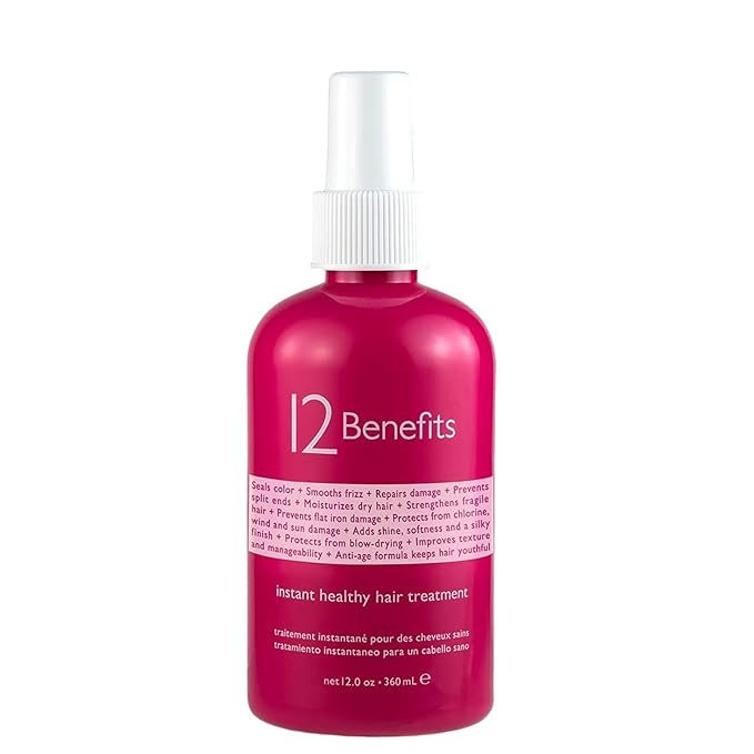 12 Benefits Instant Healthy Hair Treatment - Leave In Conditioner Spray with Quaternium 39 and Silk Fibre Protein - Smooths Frizz, Strengthens & Repairs Damaged Hair - (12 Fl Oz)