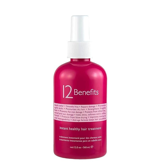 12 Benefits Instant Healthy Hair Treatment - Leave In Conditioner Spray with Quaternium 39 and Silk Fibre Protein - Smooths Frizz, Strengthens & Repairs Damaged Hair - (12 Fl Oz)