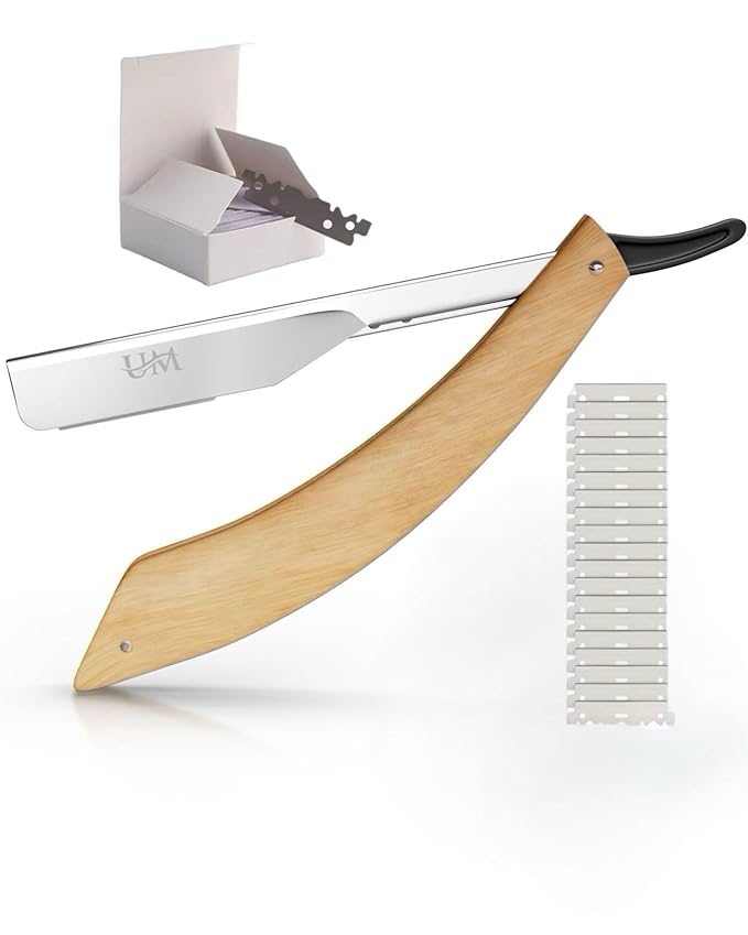 UM Supplies Straight Edge Razor with 100 Replaceable Single Edge Blades kit | Men's Straight Shaving Razors | Navajas para Barbero (Curved Wooden)