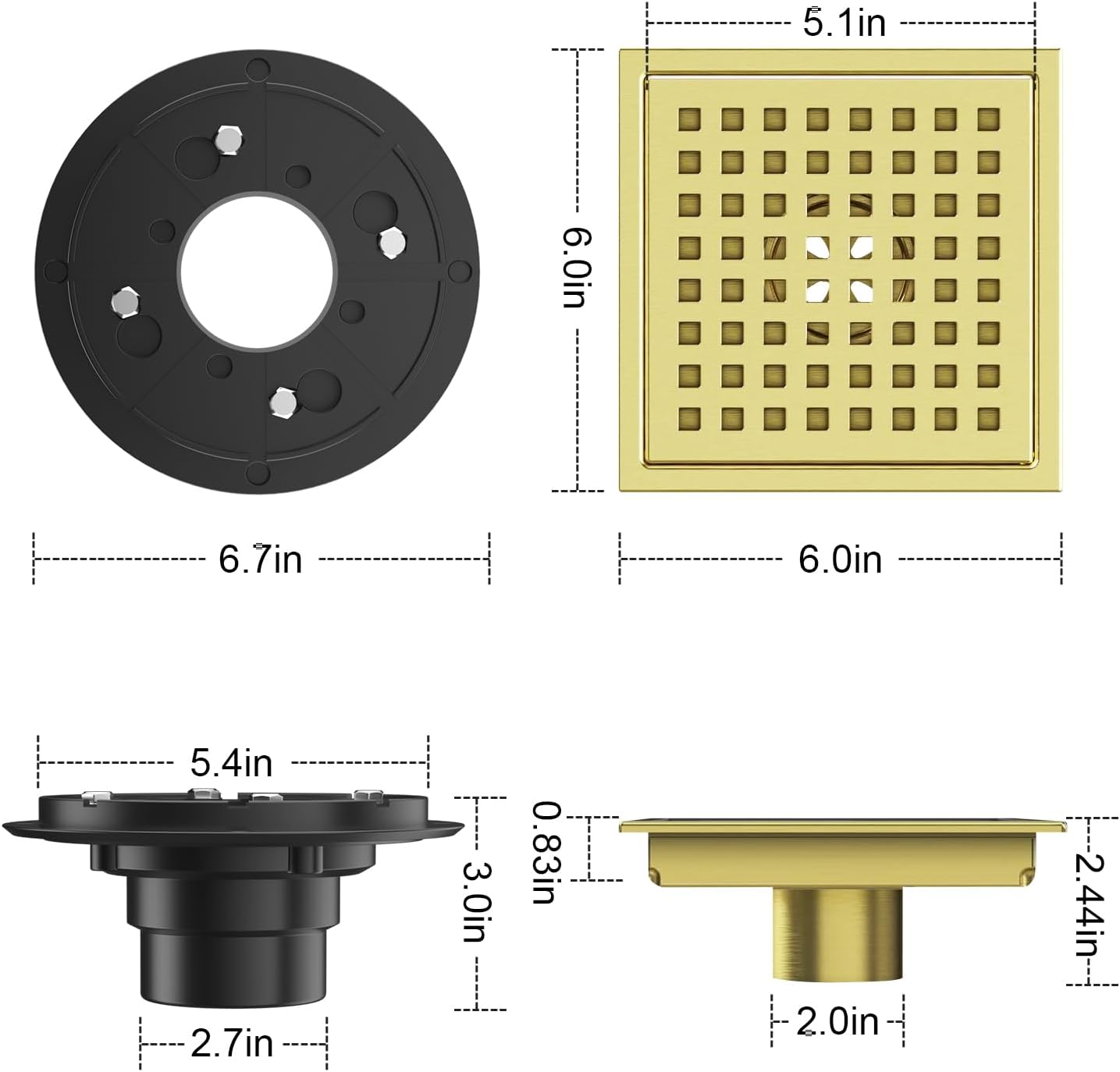 Shower Drain Brushed Gold 6 Inch, Square Floor Drain, Stainless Steel Drain Kit with Flange, Removable Grid Cover, Hair Strainer