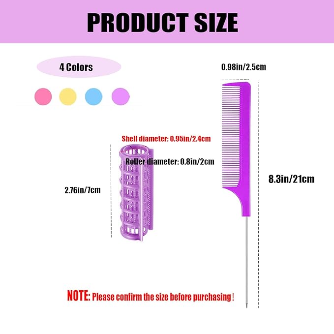 24PCS Plastic Hair Rollers Curlers Set, 0.8Inch/2cm Snap on Rollers for Fine Thin Hair Heatless Curler Self Grip Roller with Mini Comb for Women/Men Medium Short Hair (Purple)