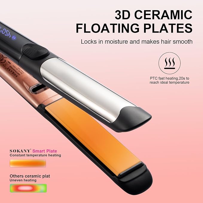 1 Inch Flat Iron Hair Straightener and Titanium Curler 2 in 1 | Dual Voltage Smart 3D Ceramic Floating Plates Ionic Straightener,8 Temps Settings Fast Heating & Heat Protection