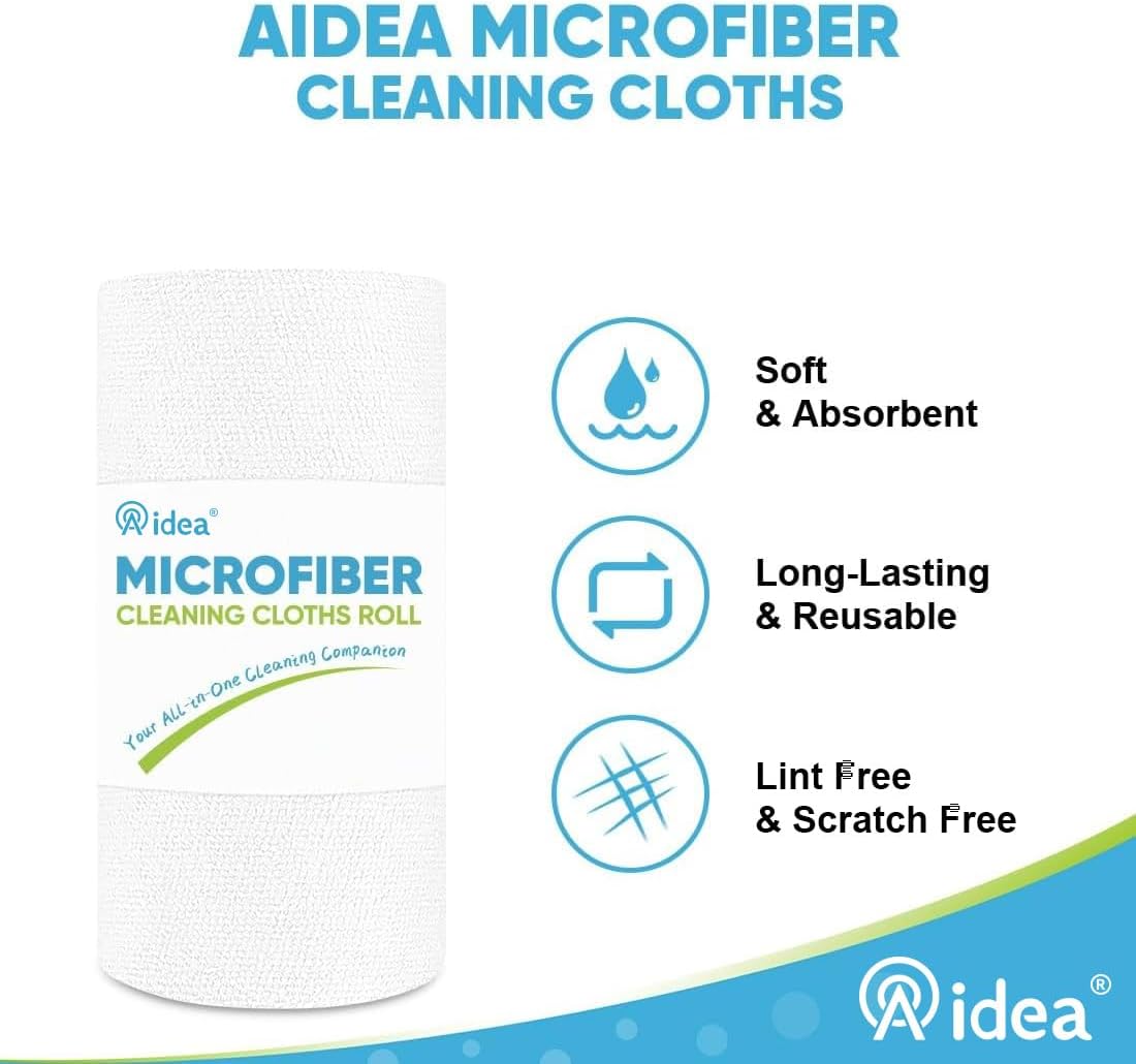AIDEA Microfiber Cleaning Cloth White, Shop Rags 330 Sheets(6 Roll), Towels for Cars, Tear Away Reusable Paper Towels, Kitchen Towels Cleaning Rags for Automotive, Mechanic, Workshops, House, 11×9"