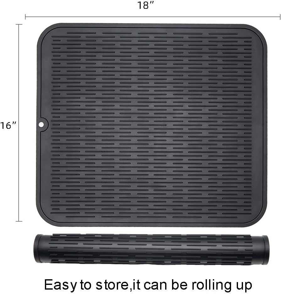 ZLR 2 Pcs Silicone Dish Drying Mats for Kitchen Counter, Eco-Friendly Fast Dry Dish Mat, Easy Clean Multi Usage Drying Matt, Heat Resistant Trivet, 16" x 18" XL, Black