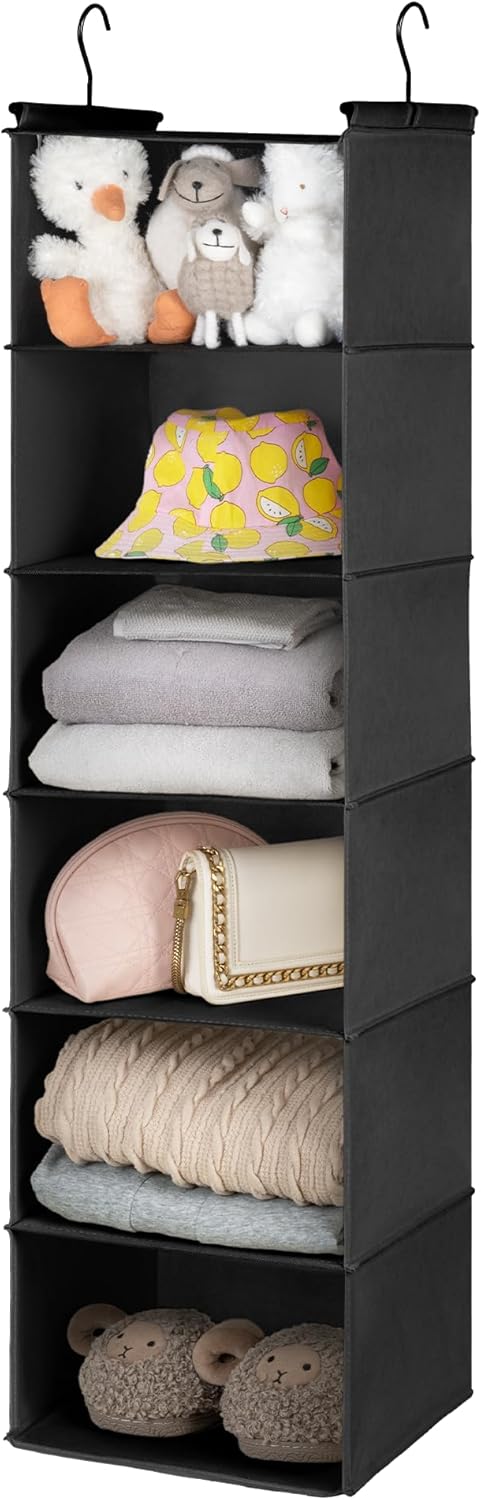 GRANNY SAYS 6 Shelf Hanging Closet Organizers and Storage, Collapsible Closet Hanging Organizer with 2 Sturdy Hooks, Large Hanging Shelves for Weekly Clothes Organizer, Black