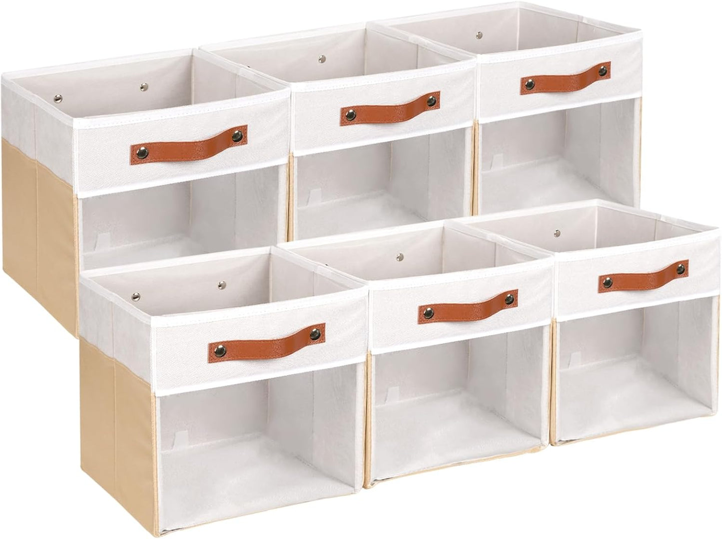 HNZIGE 11 Inch Foldable Fabric Storage Cubes - Clear Bins for Shelves, Canvas Cube Organizer Bins (White Beige 6 PCS)