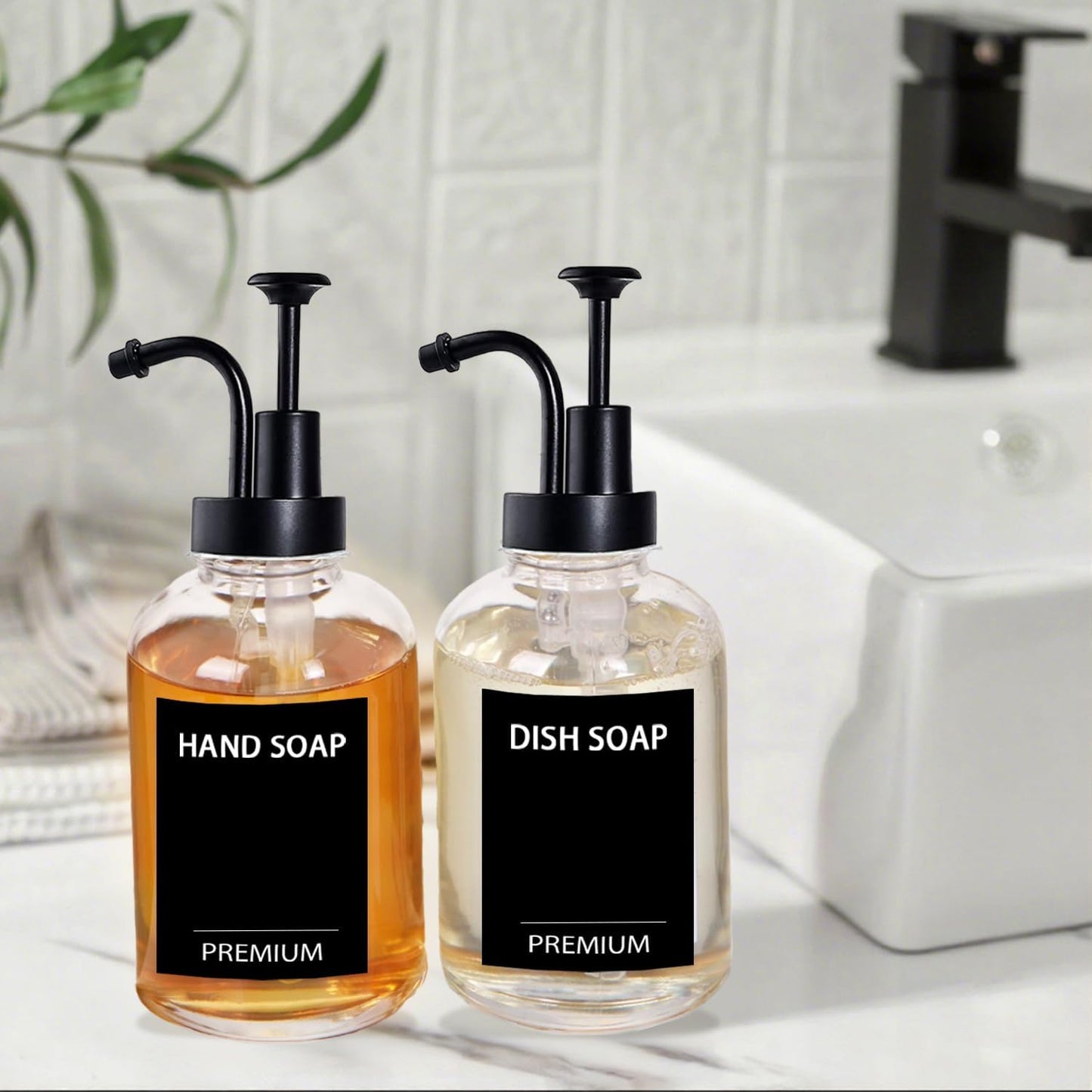 12oz Dish Soap Dispenser for Kitchen, Hand Glass Soap Dispenser Set with Pump, Tray, Funnel for Bathroom, Shower, Laundry, Liquid, Lotion (Black 2 Pack Clear Bottles with 12 Stickers)