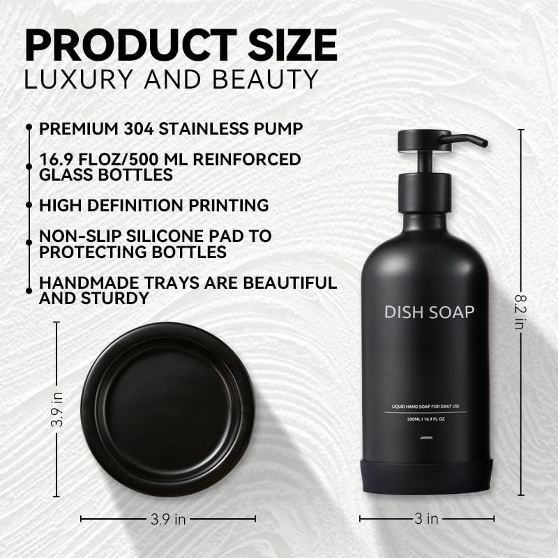 Glass Soap Dispenser Set by Janxin,Bathroom Soap Dispenser Set with Ceramic Tray,Luxury Bathroom Accessories,Modern Kitchen Decor (Black(Dish Soap))