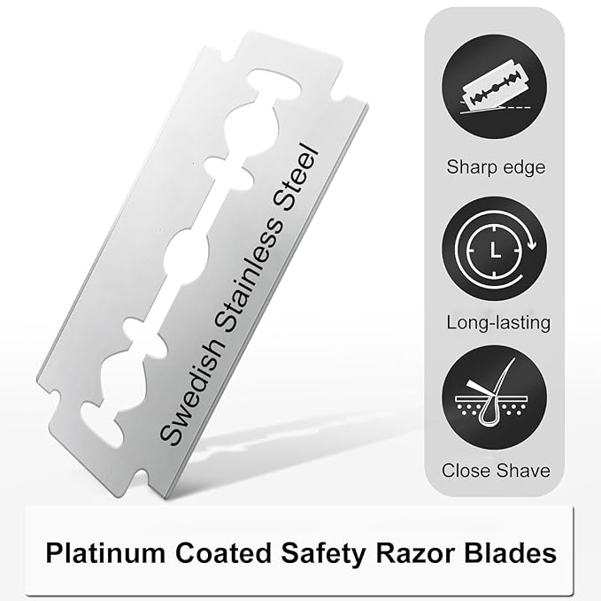 Double Edge Safety Razor with Stand, 10 Double Edge Blades, Single Blade Razors for Men and Women, Long and Heavy Duty Stainless Steel Handle, Silver