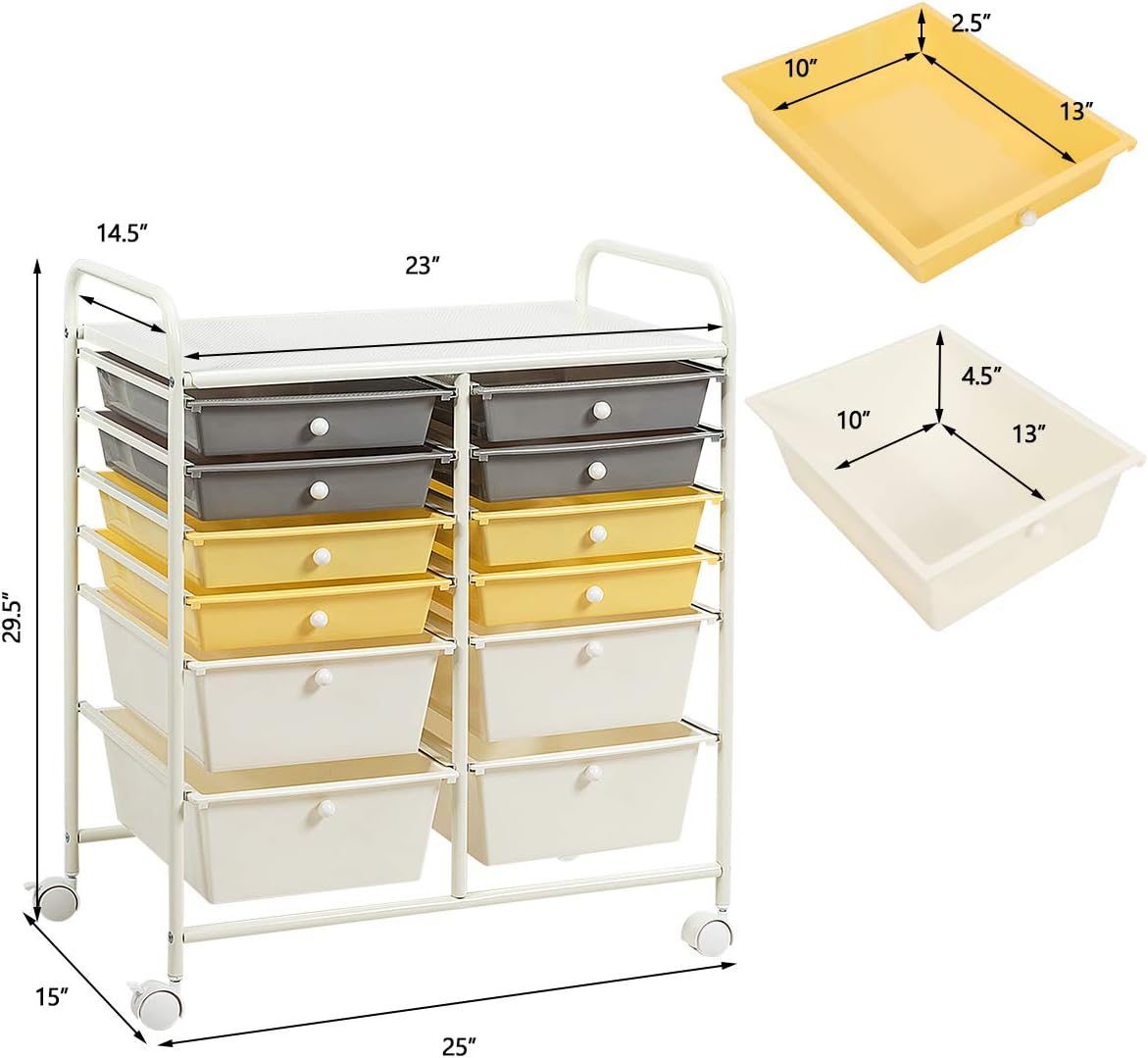 GOFLAME 12-Drawer Rolling Storage Cart, Multipurpose Organizer Cart with 2 Sizes Plastic Drawers, Mobile Utility Cart with Lockable Casters for School, Home Office, Beauty Salon, Yellow