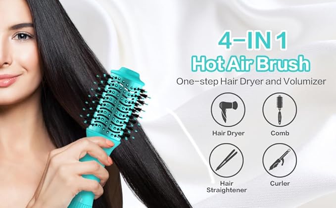 Dan Technology Blow Dryer Brush Hair Dryer Brush Hot Air Blowout Brush 120V 3 Speeds Oval Shape Volumizer Straightener Brush Faster Drying Mini Size Lightweight (Cyan)