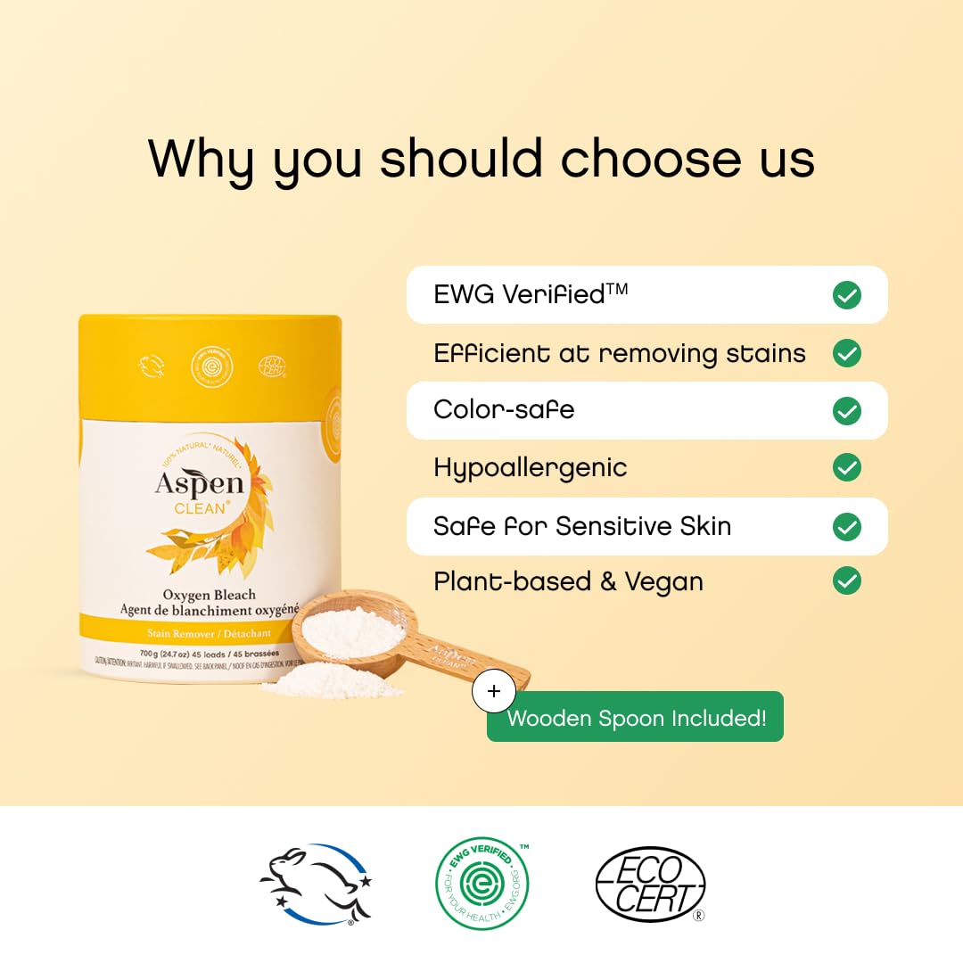 Unscented Oxygen Bleach Powder and Color Safe Stain Remover by AspenClean, Zero plastic, EWG Verified™, Vegan, Non-Bio, Hypoallergenic, Bleach Alternative - 45 Loads