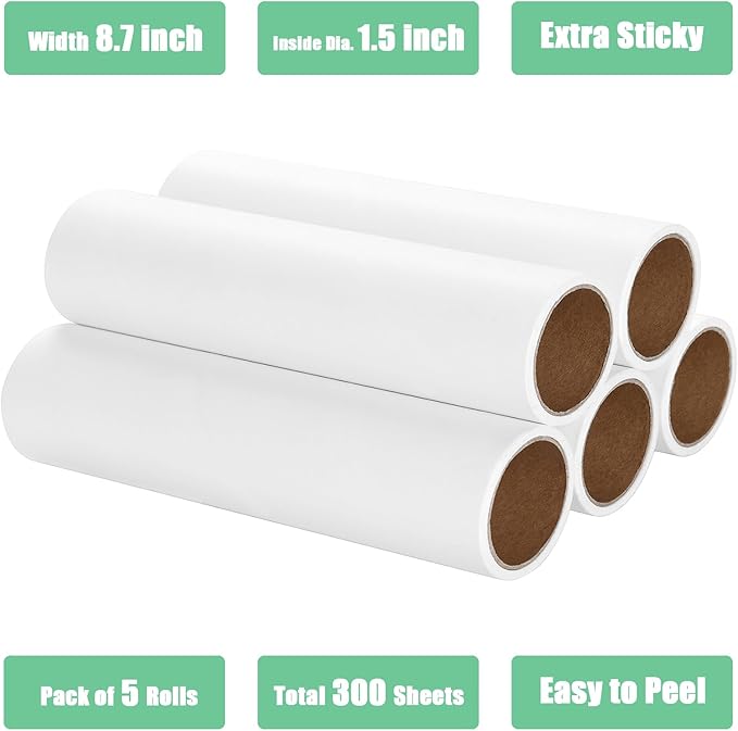 8.7 inch Lint Roller Refills Only, Compatible with Mammoth Lint Roller, Extra Large Sticky Roller Refill 5 Rolls, 60 Sheets per Roll, Total 300 Sheets, Perfect for Pets (8.7'' Wide)