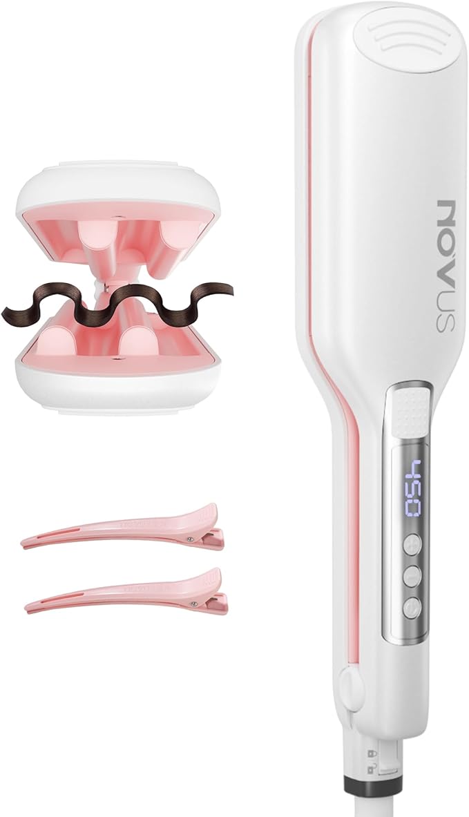 NOVUS Hair Crimper/Waver and 4-Barrel Rovy Wave Curling Iron, Shallow Wave Hair Curlers Hot Tool with Ceramic, 0.6 Inch Beach Waves Curling Wand, Hair-Type Adjustable Heat