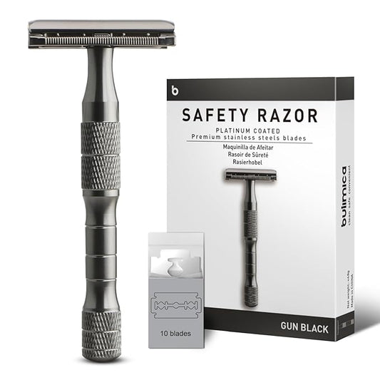 Gun Black Safety Razor, Single Blade Razors for Men, with 10 Platinum Coated Stainless Steel Double Edge Safety Razor Blades, Smooth & Close Shave, Plastic Free, Sustainable