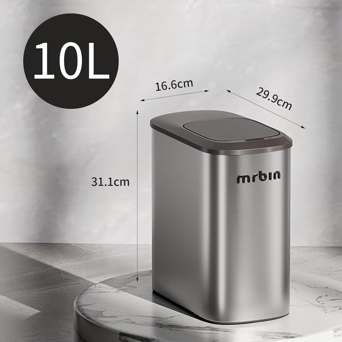 MRBIN Stainless Steel Motion Sensor Bathroom Trash Can, 10L / 2.6gal Slim Smart Toilet Waste Basket with Lid, Automatic Touchless Kitchen Bucket for Narrow Restroom, Vanity, Rv, Eclipse Grey