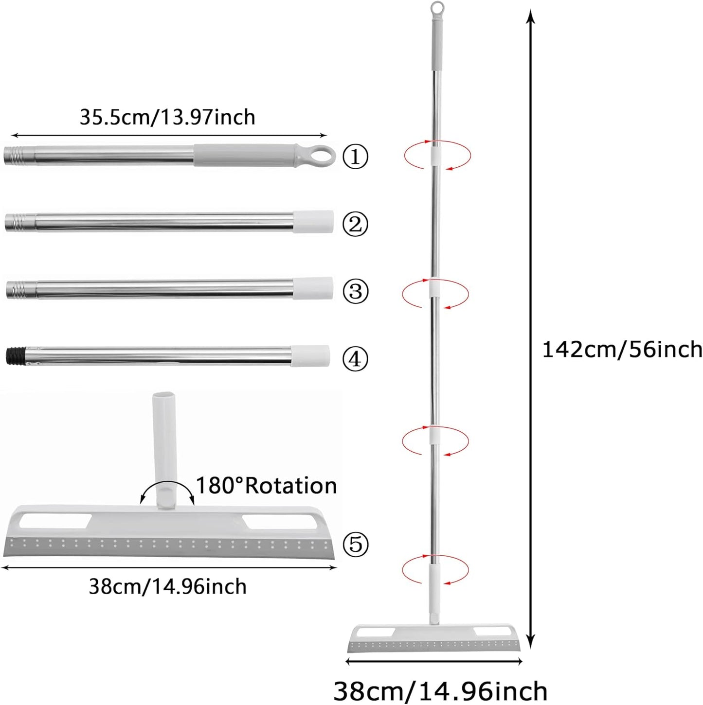 Multifunction Magic Broom, Silicone Floor Squeegee with 56" Long Handle, Rubber Sweeper, Air Broom for Floor Bathroom Kitchen Shower Tile Pet Hair Fur Marble Glass Water Window Foam Cleaning (Grey)