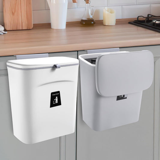 2 Pack Kitchen Compost Bin,Hanging Small Trash Can with Lid for Under Sink or Counter Top,Dustbin for Kitchen for Cabinet/Bathroom/RV//Camping//Office/Car