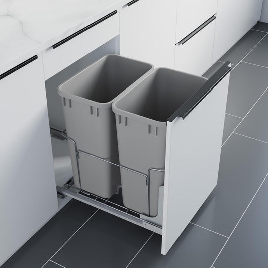 Dowell B18 Aluminum Base Wastebasket Pullout with Door Mount and Two 35Qt/9Gal Plastic Bins (4012 0218+35x2)