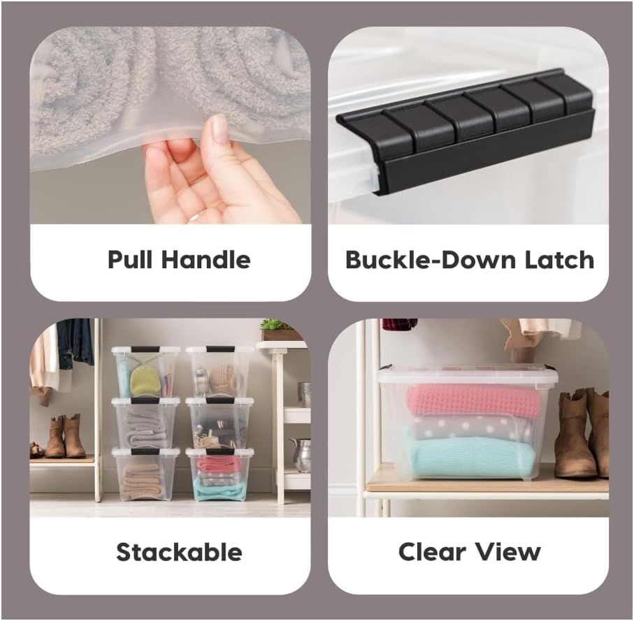 IRIS USA 32 Qt Stackable Plastic Storage Bins with Lids, 4 Pack - BPA-Free, Made in USA - See-Through Organizing Solution, Latches, Durable Nestable Containers, Secure Pull Handle - Clear